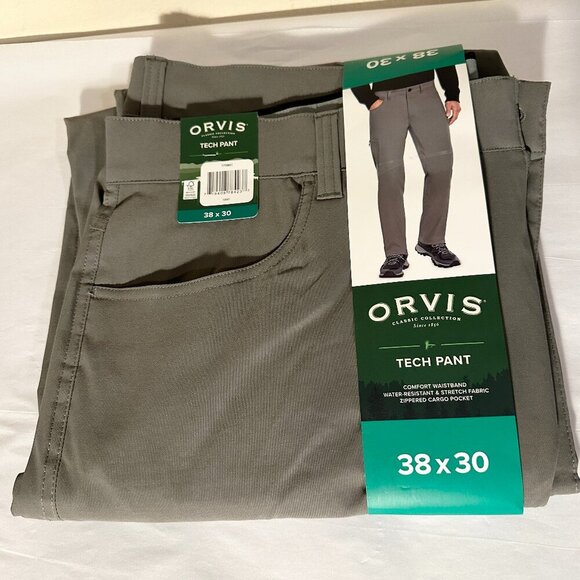 New Orvis Tech Pants Men's Size W38 X L30 Gray Water Resistant Stretch Fabric - Picture 1 of 11